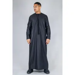 TT-001 Men's Black Thobe Emirati Islamic Clothing String Tassel