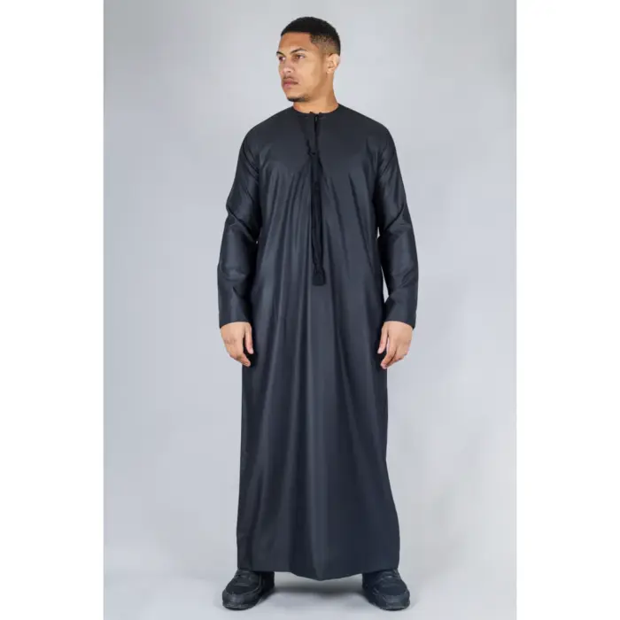 TT-001 Men's Black Thobe Emirati Islamic Clothing String Tassel - Image 1