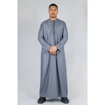 TT-001 Men's Grey Thobe Emirati Islamic Clothing String Tassel
