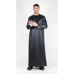 TT-002 Men's Black Satin Emirati Thobe Islamic Clothing