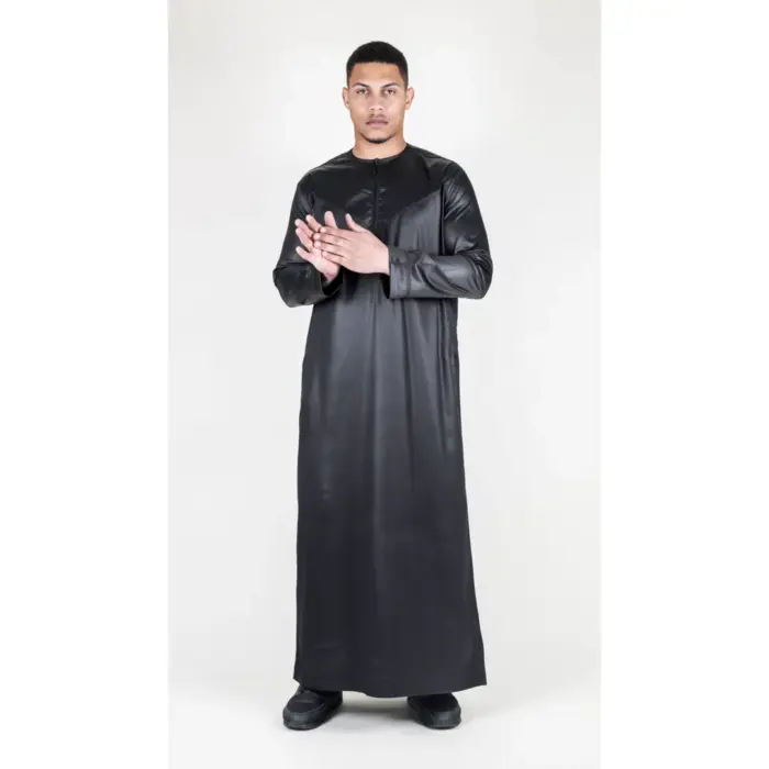 TT-002 Men's Black Satin Emirati Thobe Islamic Clothing - Image 1
