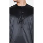 TT-002 Men's Black Satin Emirati Thobe Islamic Clothing - Image 2