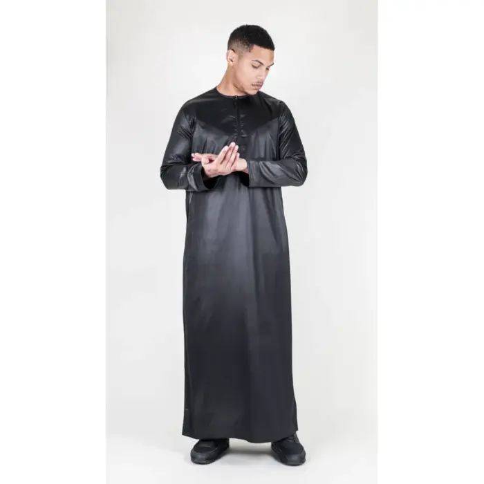 TT-002 Men's Black Satin Emirati Thobe Islamic Clothing - Image 4