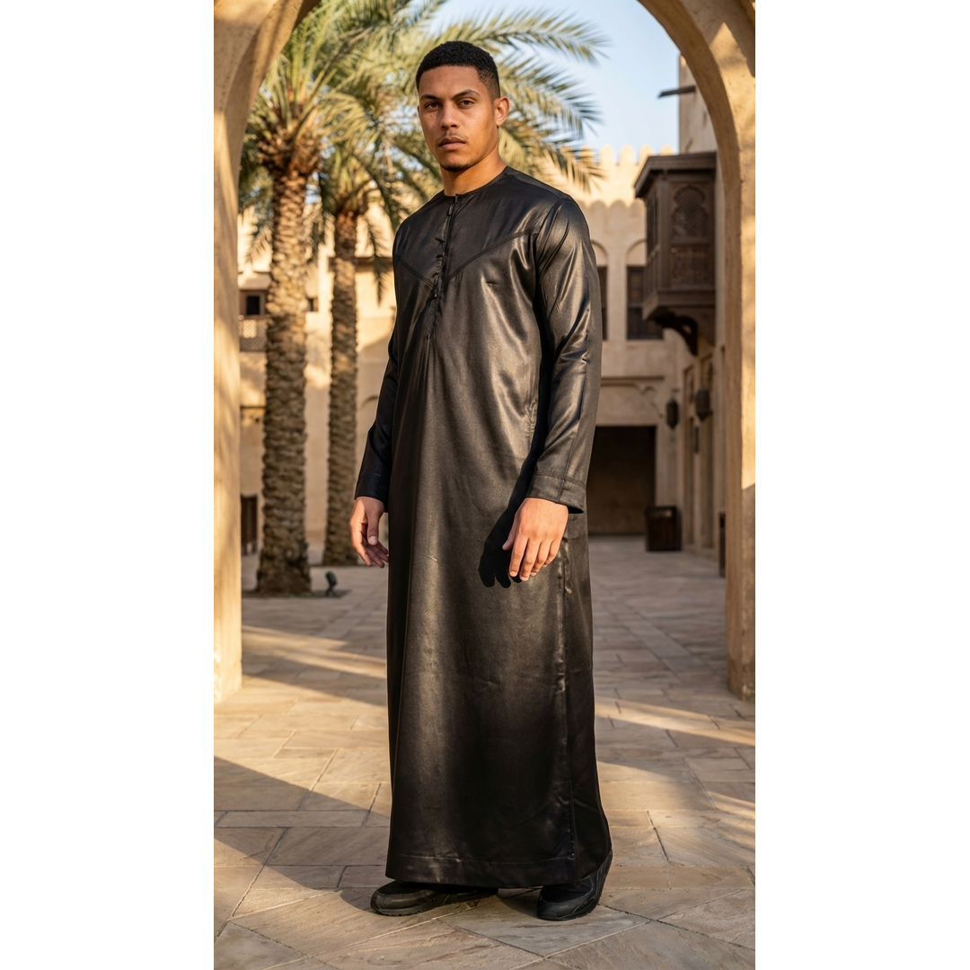 TT-002 Men's Black Satin Emirati Thobe Islamic Clothing - Image 2