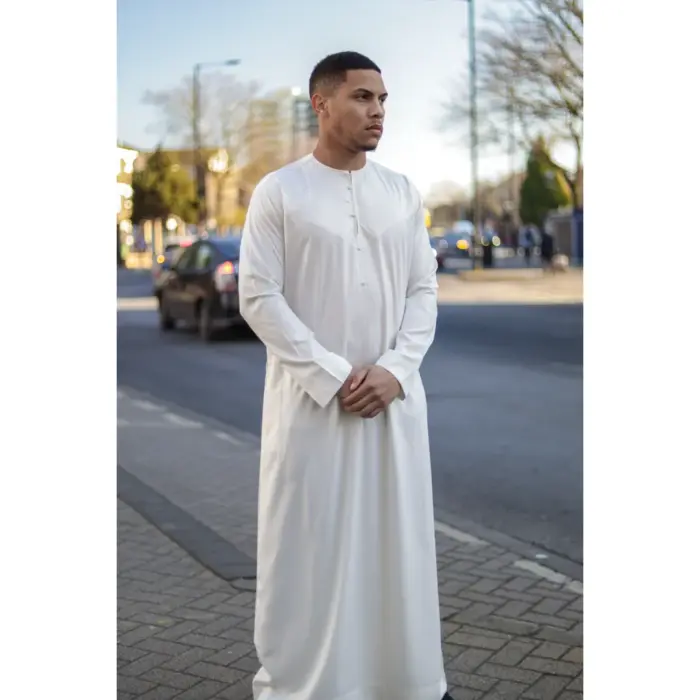 TT-002 Men's Cream Satin Emirati Thobe Islamic Clothing - Image 1