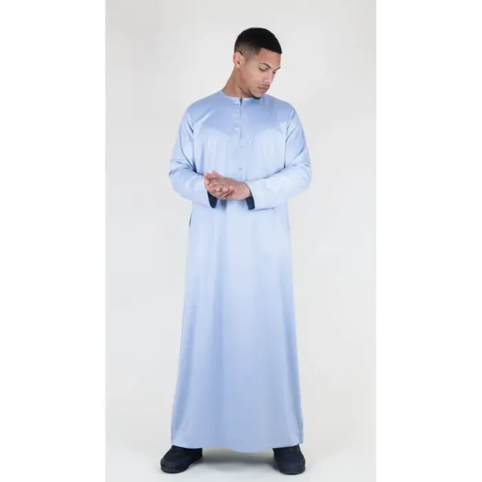 TT-002 Men's Grey Satin Emirati Thobe Islamic Clothing - Image 3