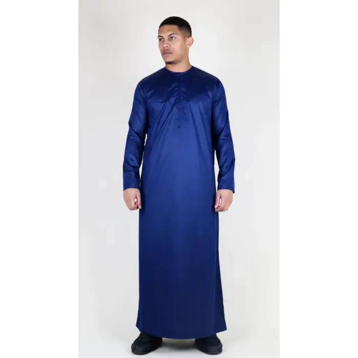 TT-002 Men's Navy Satin Emirati Thobe Islamic Clothing - Image 1