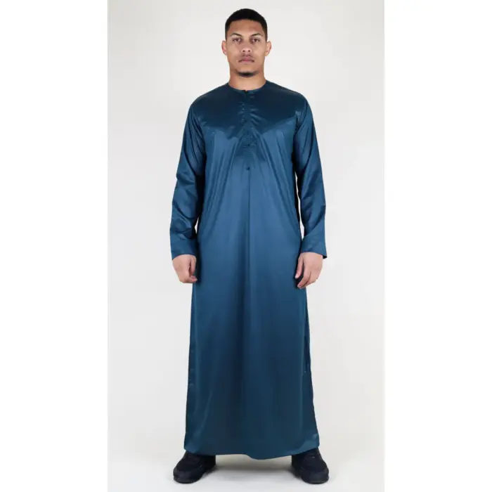 TT-002 Men's Olive Satin Emirati Thobe Islamic Clothing - Image 1