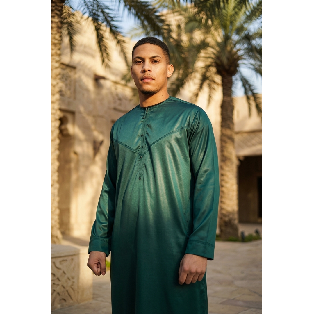 TT-002 Men's Olive Satin Emirati Thobe Islamic Clothing - Image 3