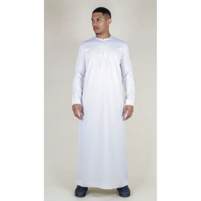 TT-002 Men's White Satin Emirati Thobe Islamic Clothing - Image 1