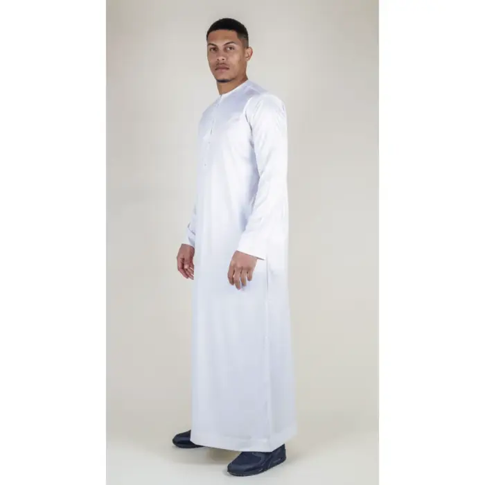 TT-002 Men's White Satin Emirati Thobe Islamic Clothing - Image 3