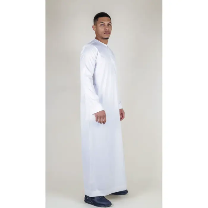 TT-002 Men's White Satin Emirati Thobe Islamic Clothing - Image 4