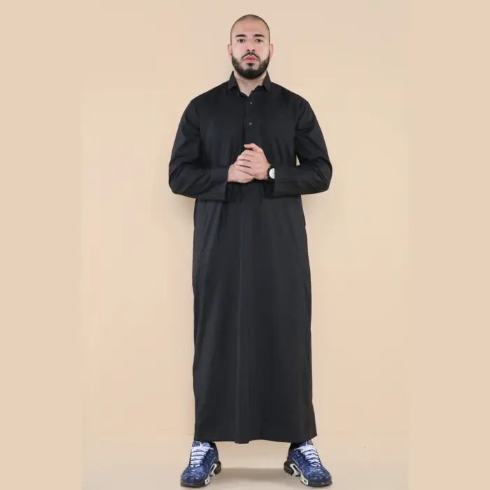 101 - Men's Black Islamic Muslim Cotton Thobe Jubba - Image 1
