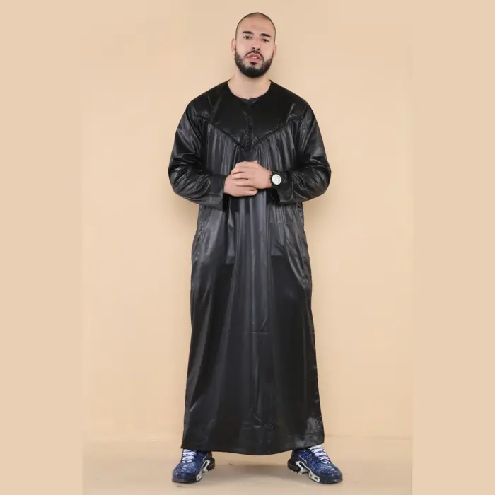 102 - Men's Black Islamic Muslim Shiny Thobe Jubba - Image 1