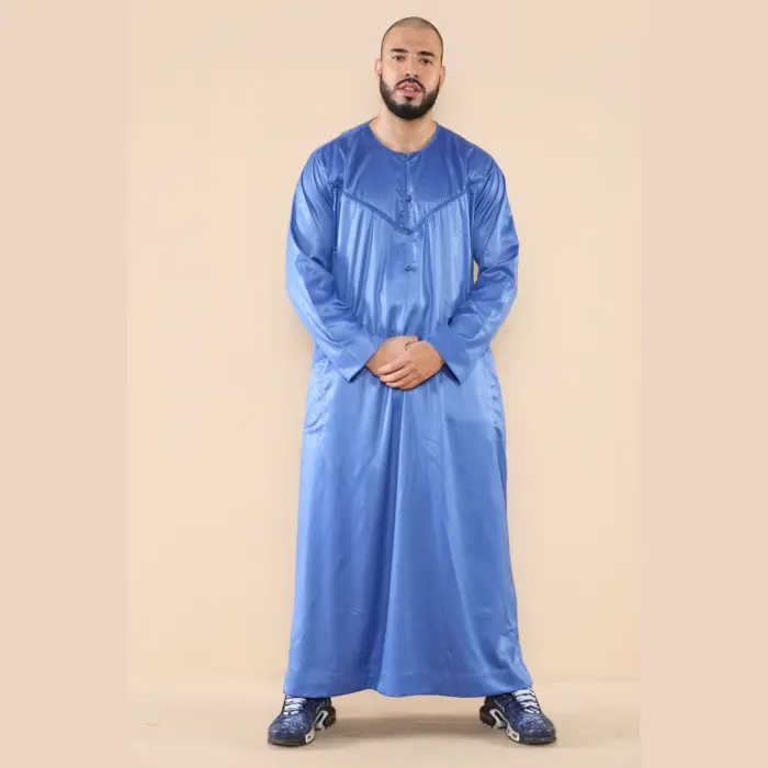 102 - Men's Blue Islamic Muslim Shiny Thobe Jubba - Image 1