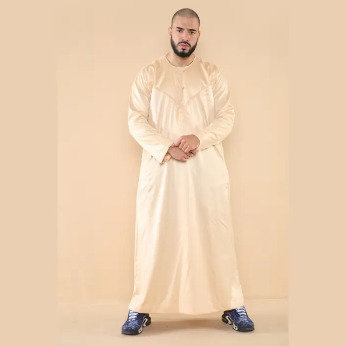 102 - Men's Cream Islamic Muslim Shiny Thobe Jubba - Image 1