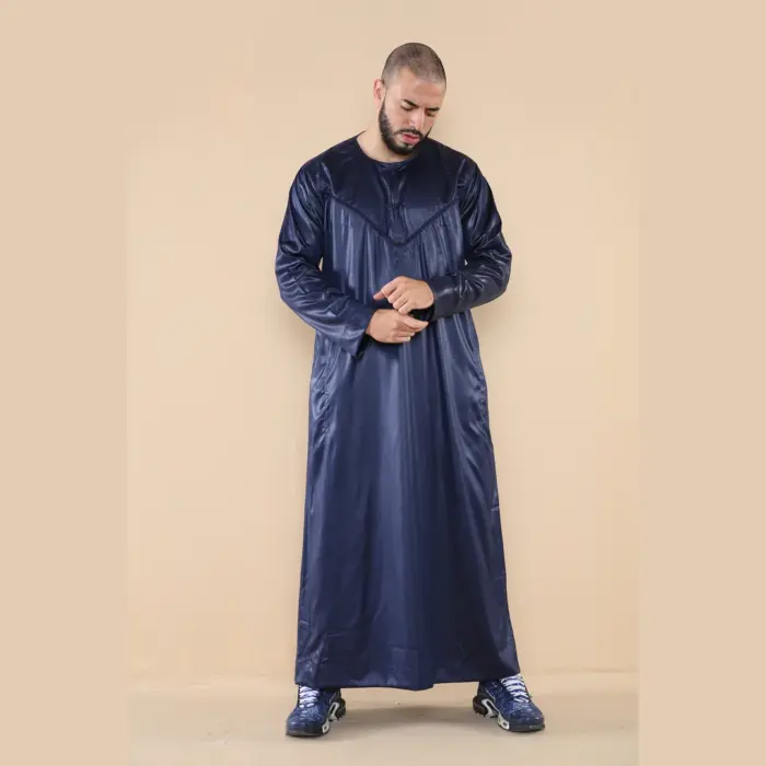 102 - Men's Navy Islamic Muslim Shiny Thobe Jubba - Image 2