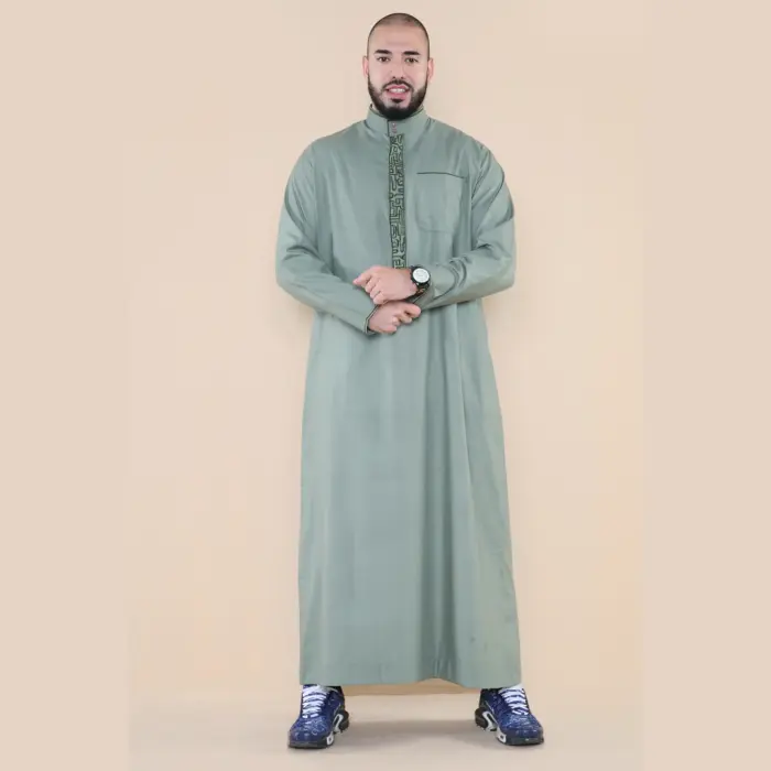 103 - Men's Green Muslim Islam Eid Nehru Collar Thobe - Image 1