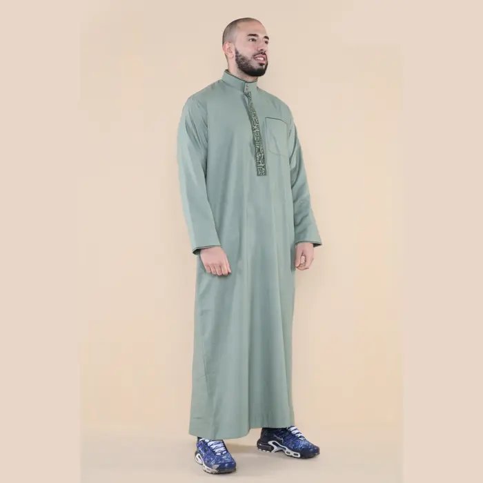 103 - Men's Green Muslim Islam Eid Nehru Collar Thobe - Image 4