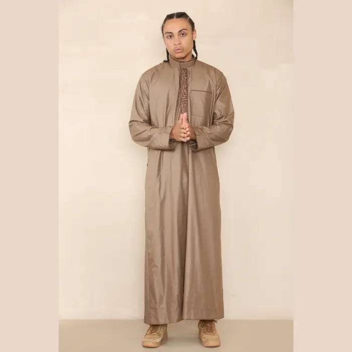 103 - Men's Light Brown Muslim Islam Eid Nehru Collar Thobe - Image 1