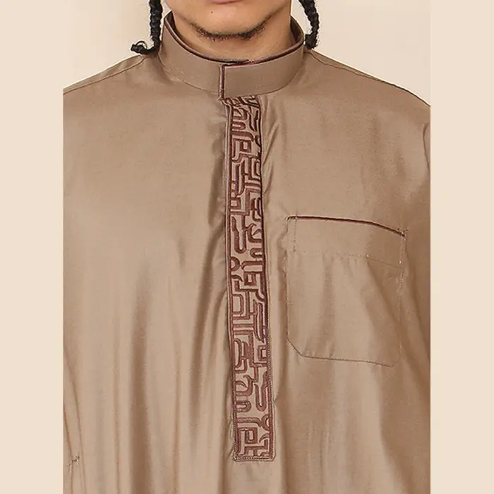 103 - Men's Light Brown Muslim Islam Eid Nehru Collar Thobe - Image 3