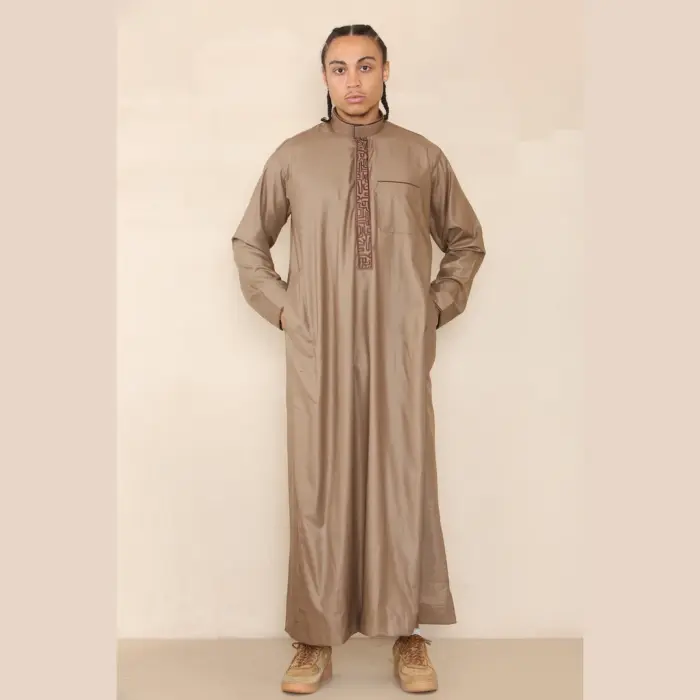 103 - Men's Light Brown Muslim Islam Eid Nehru Collar Thobe - Image 4