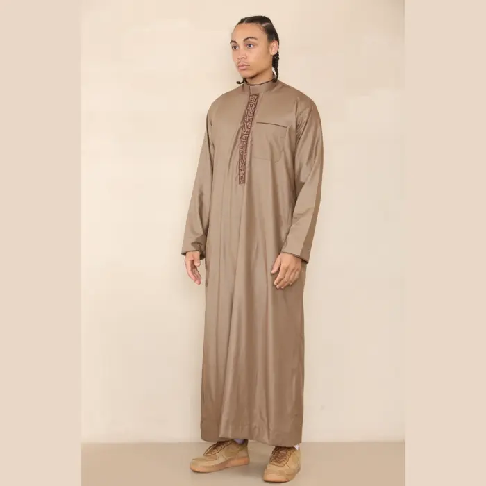 103 - Men's Light Brown Muslim Islam Eid Nehru Collar Thobe - Image 5