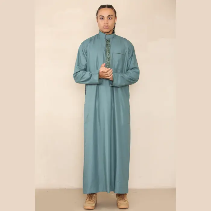 103 - Men's Olive Muslim Islam Eid Nehru Collar Thobe - Image 1