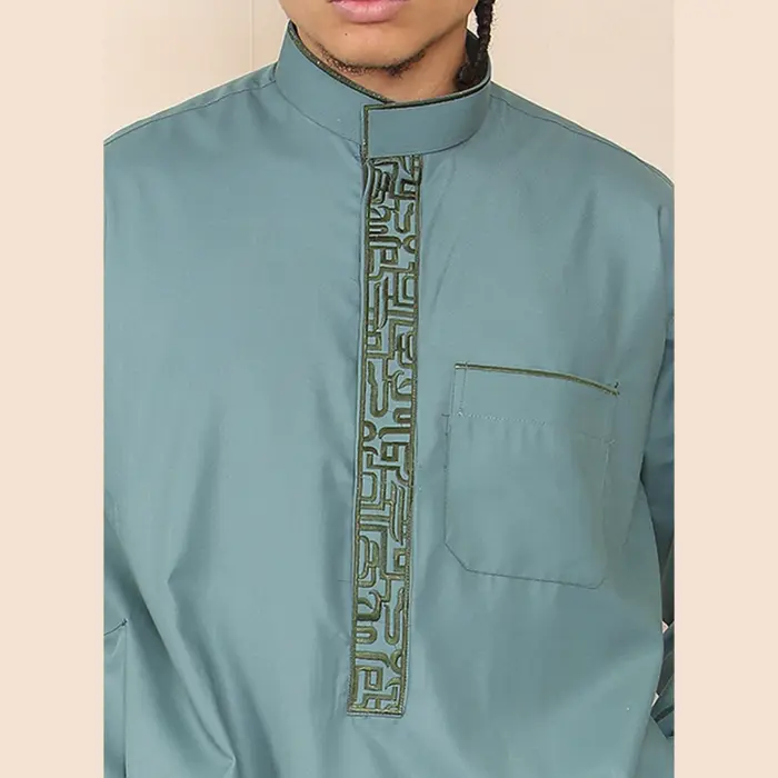 103 - Men's Olive Muslim Islam Eid Nehru Collar Thobe - Image 3