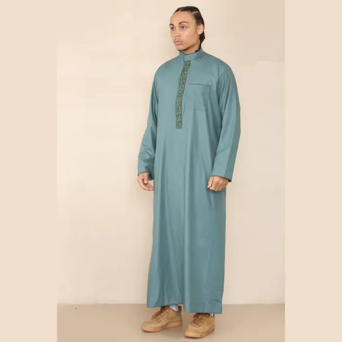 103 - Men's Olive Muslim Islam Eid Nehru Collar Thobe - Image 4