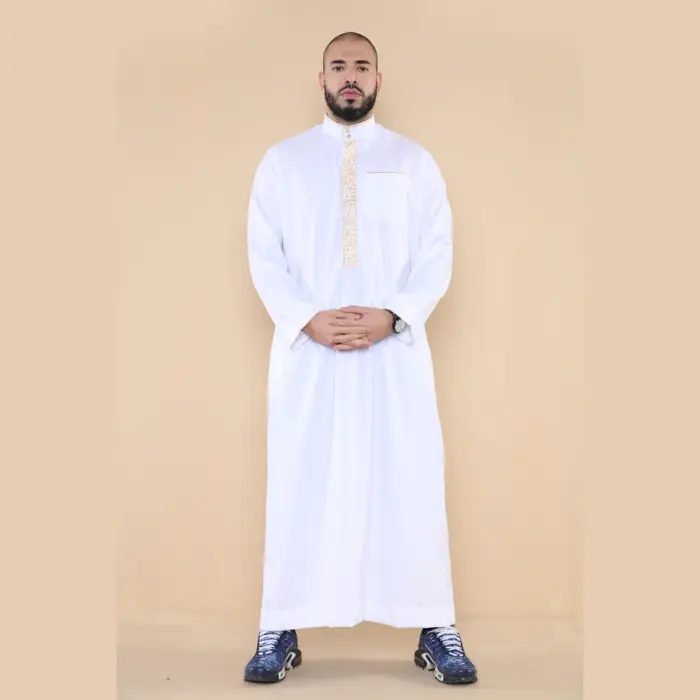 103 - Men's White Muslim Islam Eid Nehru Collar Thobe - Image 1