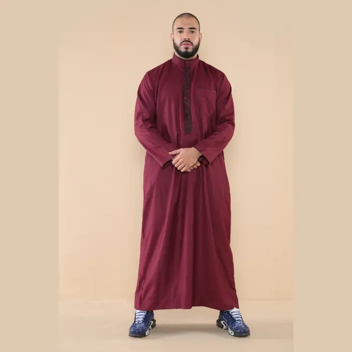 103 - Men's Wine Muslim Islam Eid Nehru Collar Thobe - Image 1