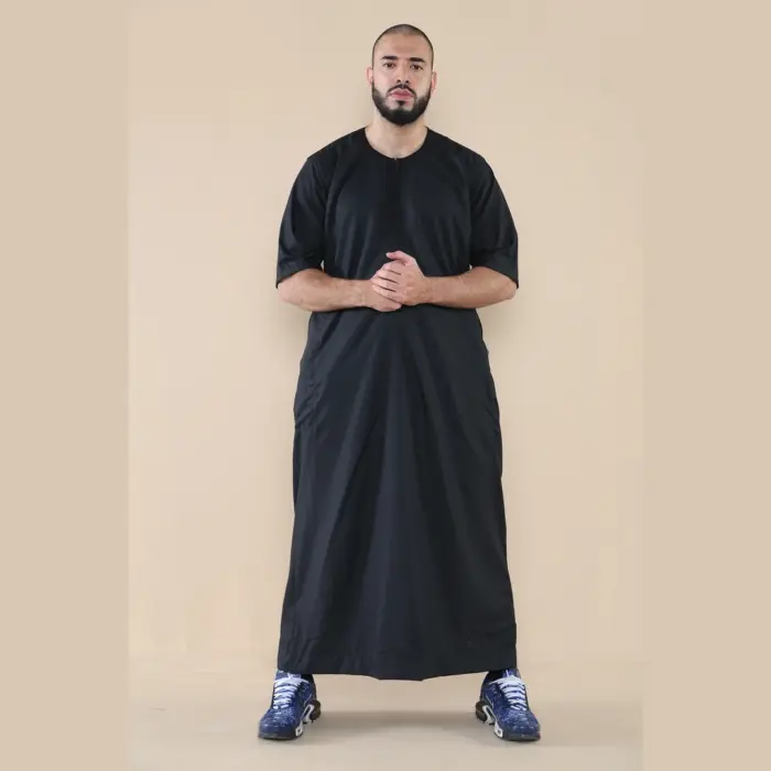 107 - Men's Black Zipped Half Sleeve Islamic Thobe - Image 1
