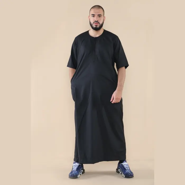 107 - Men's Black Zipped Half Sleeve Islamic Thobe - Image 2