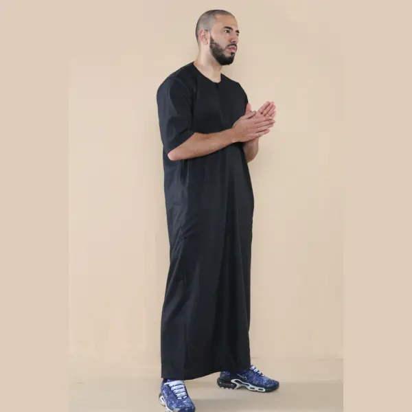 107 Mens Black Zipped Half Sleeve Islamic Thobe 5