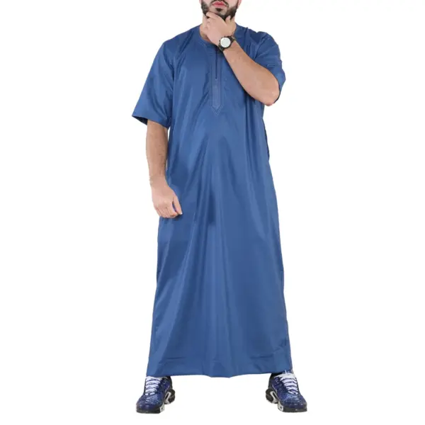 107 Mens Blue Zipped Half Sleeve Islamic Thobe 1