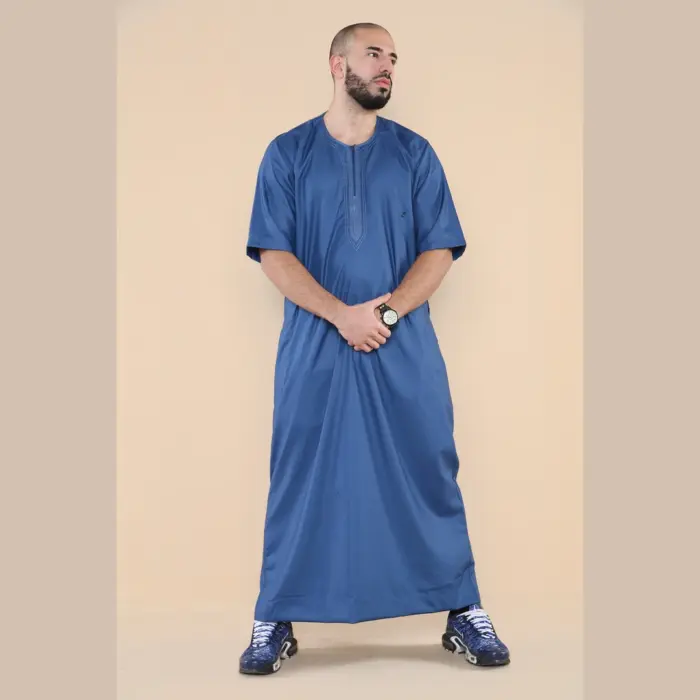 107 - Men's Blue Zipped Half Sleeve Islamic Thobe - Image 1