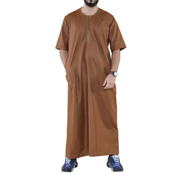 107 Mens Brown Zipped Half Sleeve Islamic Thobe 1