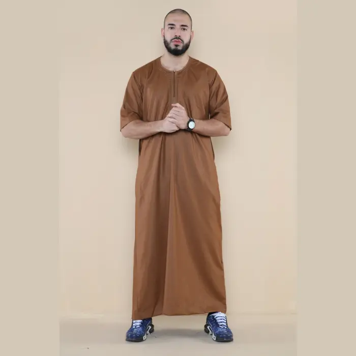 107 - Men's Brown Zipped Half Sleeve Islamic Thobe - Image 1