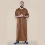 107 - Men's Brown Zipped Half Sleeve Islamic Thobe - Image 2