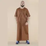 107 - Men's Brown Zipped Half Sleeve Islamic Thobe - Image 3
