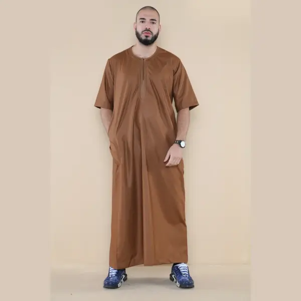 107 Mens Brown Zipped Half Sleeve Islamic Thobe 4