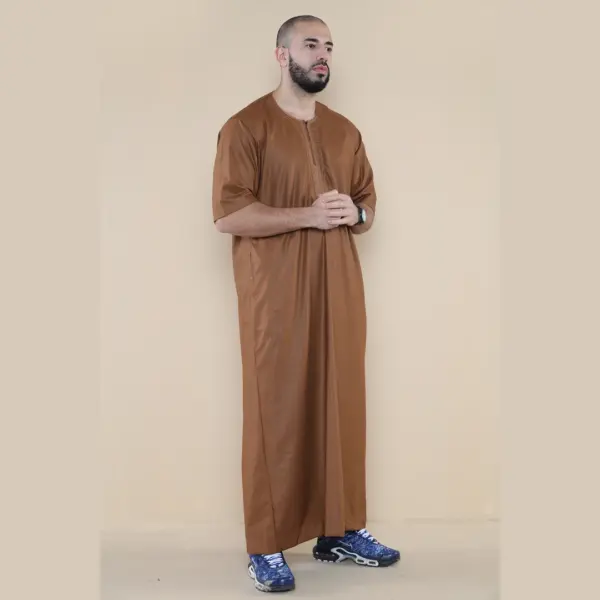 107 Mens Brown Zipped Half Sleeve Islamic Thobe 5