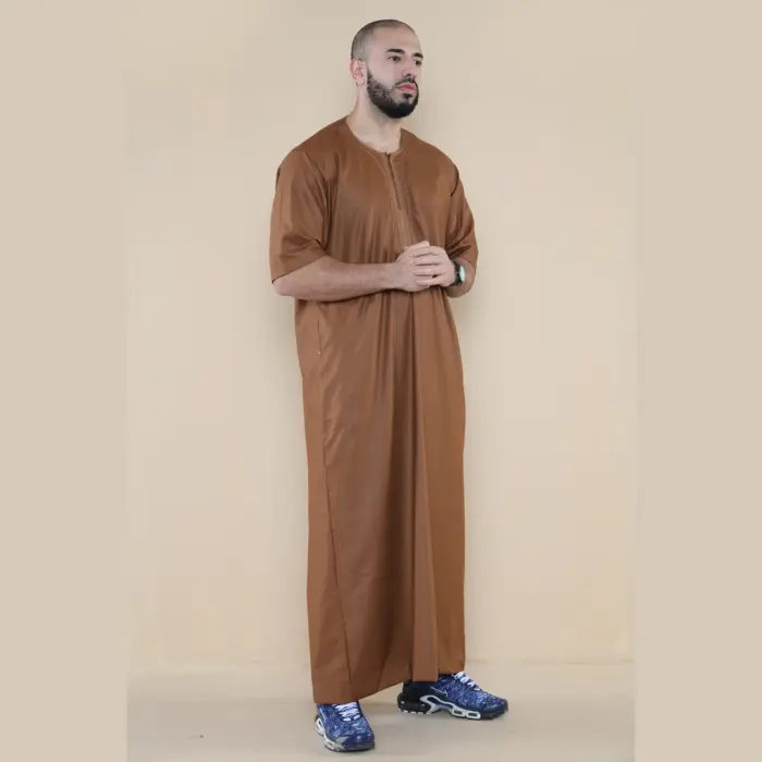 107 - Men's Brown Zipped Half Sleeve Islamic Thobe - Image 4