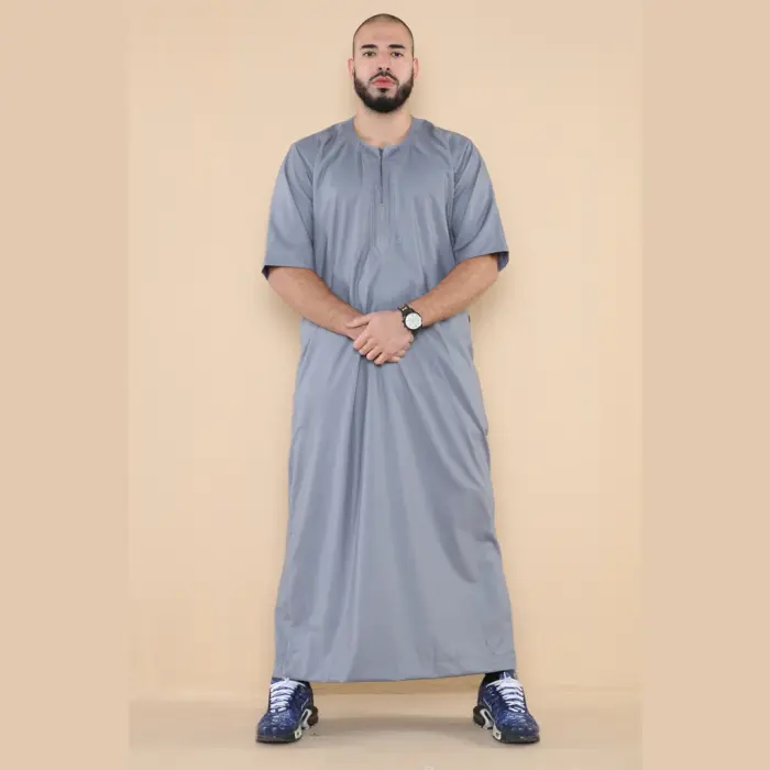 107 - Men's Grey Zipped Half Sleeve Islamic Thobe - Image 1
