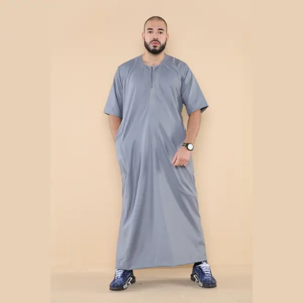 107 Mens Grey Zipped Half Sleeve Islamic Thobe 3