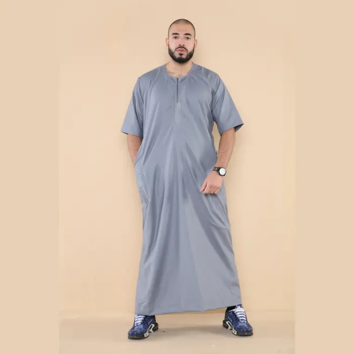107 - Men's Grey Zipped Half Sleeve Islamic Thobe - Image 2