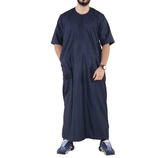 107 Mens Navy Zipped Half Sleeve Islamic Thobe 1