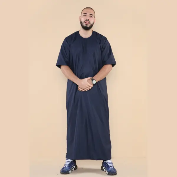 107 Mens Navy Zipped Half Sleeve Islamic Thobe 2