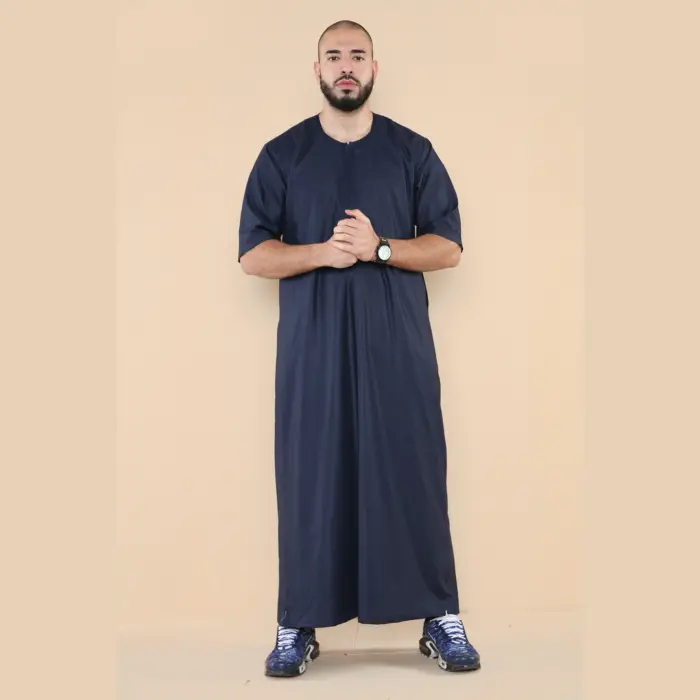 107 - Men's Navy Zipped Half Sleeve Islamic Thobe - Image 2